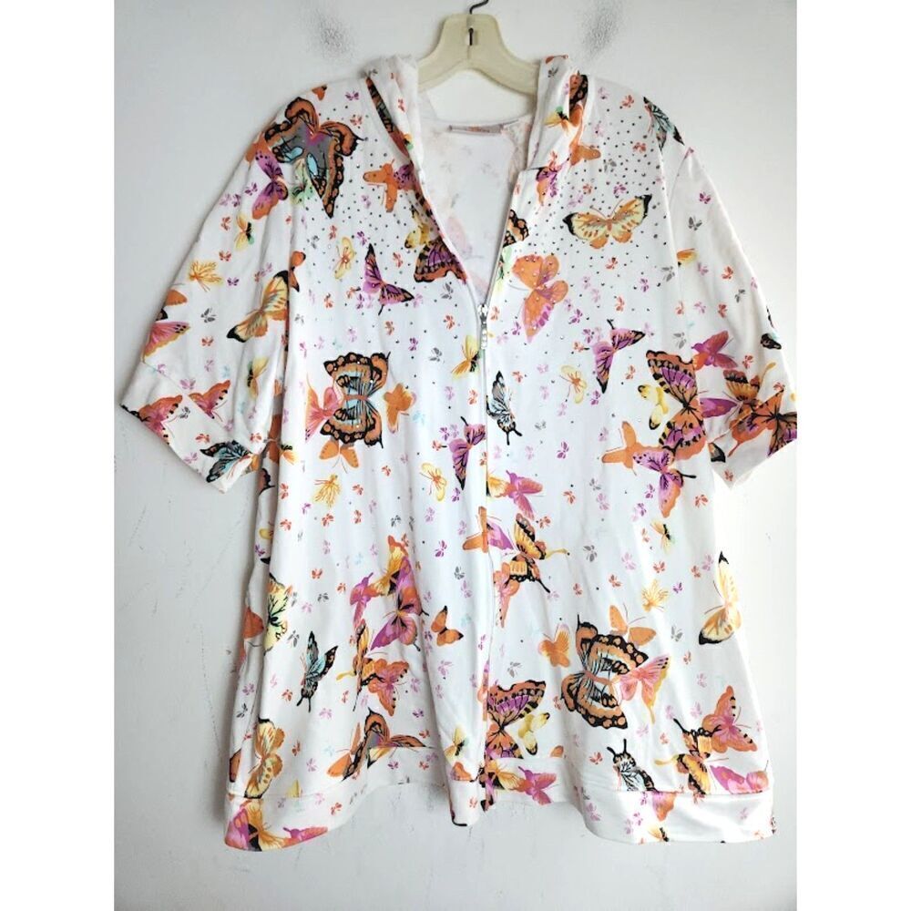 Quacker Factory White Pink Multicolor Butterfly Embroidery Full Zip Hoodie sz 2X